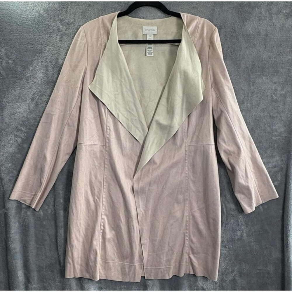 CHICOS Women Cascading Faux Suede Mid Thigh Jacket Sz 0/S‎ Tan Casual ch-29